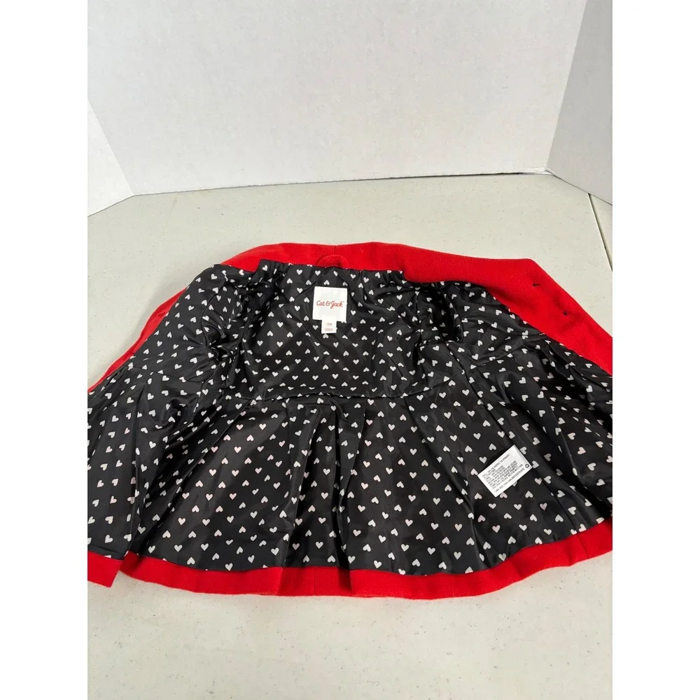 Cat & Jack Baby Girls‎ Red Peplum Pea Coat Heart Print Lining 12M Holiday Dressy